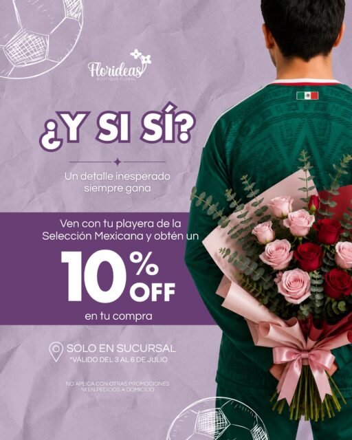 🇲🇽💐 ¡Que la emoción del fútbol también se convierta en un detalle especial!
Del 3 al 6 de julio, ven con tu playera de la Selección Mexicana y recibe 10% OFF en tu compra, solo en sucursal.
✨ ¡Te esperamos para ayudarte a sorprender con flores!
📲 WhatsApp: https://wa.link/s1glww
📞 (998) 287 3704
🌐 www.florescancun.com.mx
#FloreríaCancún #FloresCancún #RamosDeFlores #Cancún #SelecciónMexicana